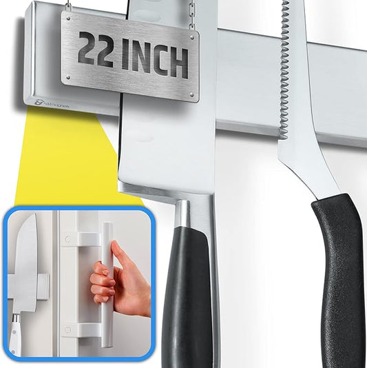 22" Premium Magnetic Knife Holder for Refrigerator (Double-Sided Heavy-Duty Magnets) - Upgraded Strip for Strong Fridge Mount - Clear Up Counter Space - 304 Anti-Rust Stainless Steel (Upgraded Design)