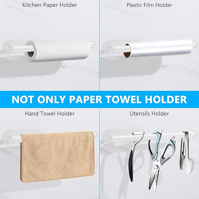 White Paper Towel Holder - Self Adhesive or Drilling, Under Cabinet Paper Towel Holder for Kitchen, Adhesive Paper Towel Roll Rack for Bathroom Towel, SUS304 Stainless Steel