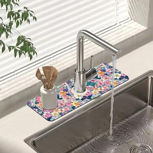 Sink Faucet Absorbing Mat Cute Flowers Sink Splash Guard Drying Mat for Kitchen Bathroom Faucet Sinkmat 15.5"X5.5"