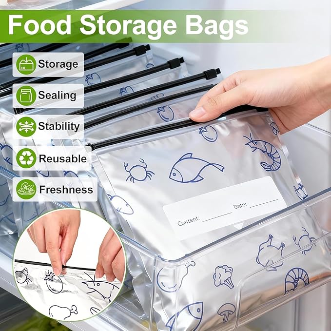 Reusable Aluminum Foil Sealable Storage Bags, 2026 New Resealable Vacuum Zipper Pouches for Food, Stand Up Foil Sealable Bags with Label and Zip Lock for Vegetable Fruit Meat (30PCS, Small)
