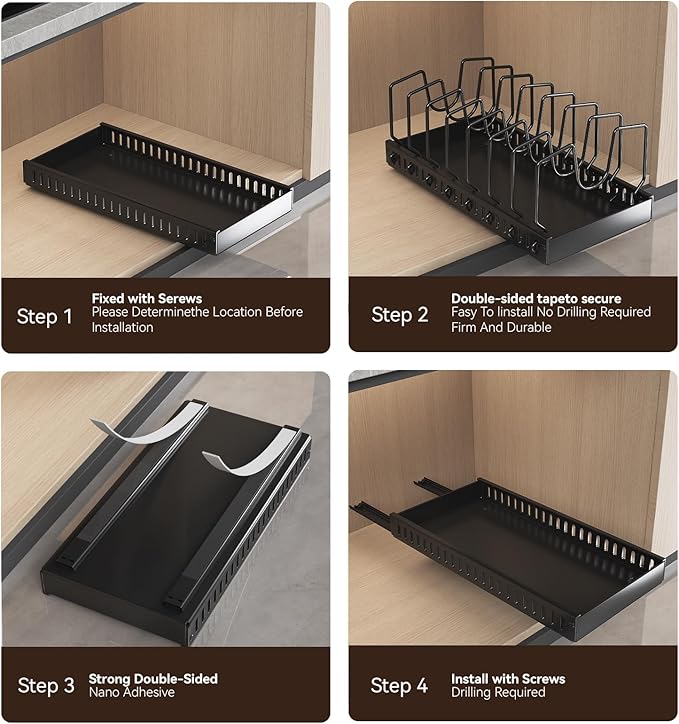 2Pack Black Pot Lid Organizer, Pull-out Pots and Pans Organizer Under Cabinet Pot Lid Holder for Kitchen, Sliding type Pots and Pans Storage, 8 Adjustable Dividers