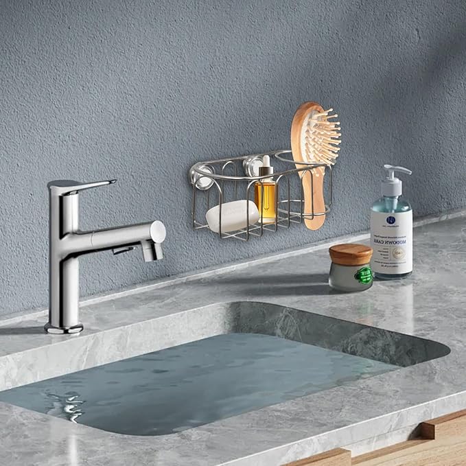 Sink Sponge Holder, Magnetic Kitchen Sink Caddy, 304 Stainless Steel Sponge Brush Holder, Two Suspension Modes, Sink Drain Frame- Silver