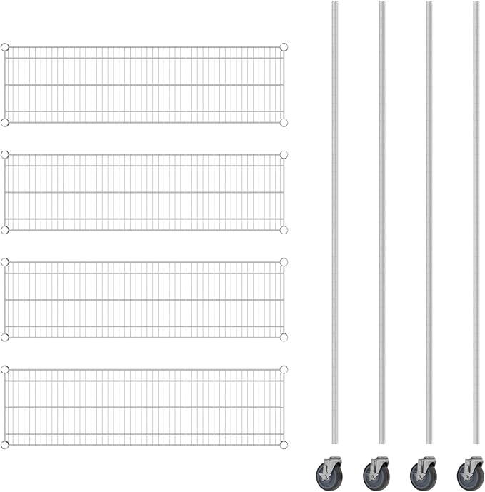Commercial NSF Listed Chrome Mobile Wire Shelving Kit 14" x 48" x 80", with 4 Shelves Perfect for Warehouse, Walk-in Refrigerator, Freezer, Grocery Store, Restaurant, Dishroom