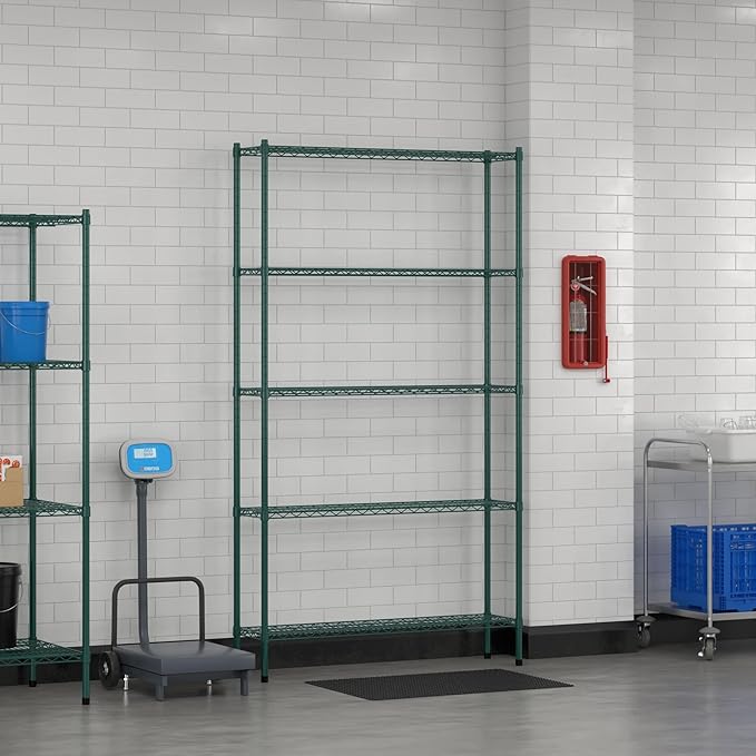 Commercial NSF Listed Green Epoxy Stationary Wire Shelving Kit 12" x 48" x 86", with 5 Shelves Perfect for Warehouse, Walk-in Refrigerator, Freezer, Grocery Store, Restaurant, Dishroom