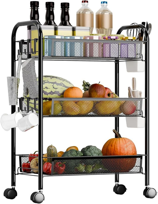 Fruit Vegetable Basket Storage Cart 5 Tier Stackable Metal Mesh Basket with 360 Degree Wheels 41 Inch High Kitchen Storage Snack Cart Pantry Bathroom Cart (Black 3-Layers)