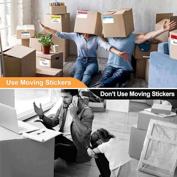 Labelebal 600 Writable Stickers 2” x 3” Each,20 Designs Pre-Printed Color-Coded Home Moving Packing Box Labels with Fragile, Extra, Heavy Labels
