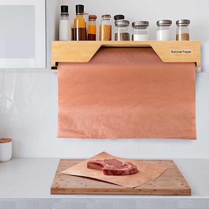 Compact 18 Inch Foil Dispenser & Butcher Paper Dispenser with Slide Cutter, Wall-Mount Bamboo Paper Roll Organizer for Kraft/Freezer/Wax Paper, for Countertop, Drawer or Cabinet