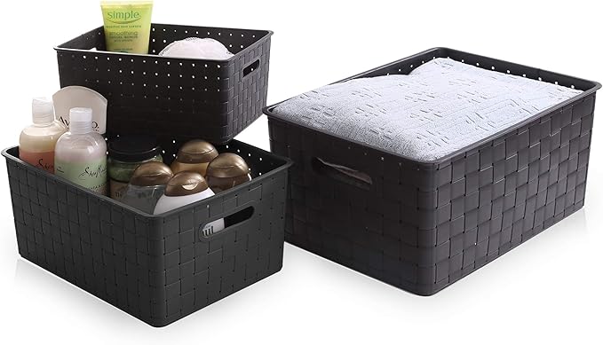 BINO Plastic Basket, Small Black, 5 Pack, The Stable Collection, Multi-Use Storage Basket, Rectangular Cabinet Organizer, Baskets for Organizing with Handles, Home & Office Storage Organizer