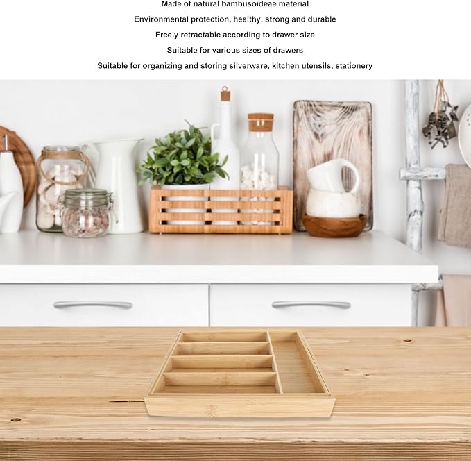 Kitchen Silverware Organizer Expandable for Cutlery and Utensils, Adjustable Wood Utensil Storage Cutlery Tray for Drawers, Kitchen Drawer Organizer Utensil Holder Makeup Organizer with(7 Slots B)