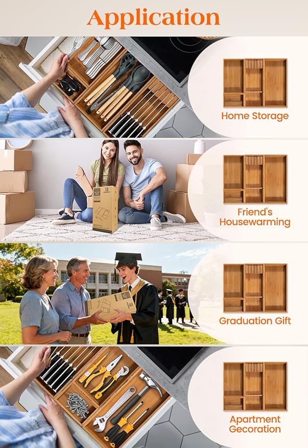 Carbonized Bamboo Kitchen Silverwar Drawer Organizer,14.2 inch Length Natural Utensil Flatware Organizers Tray Storage for Spoons Forks & Knives