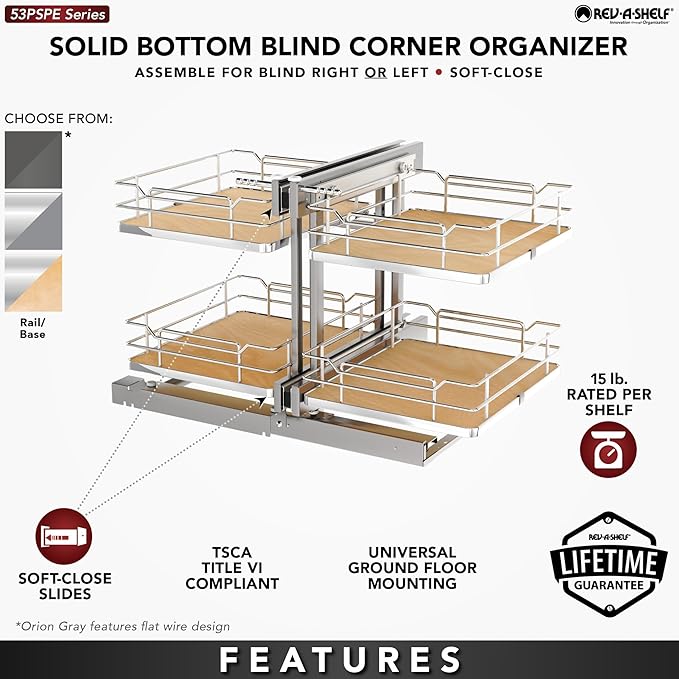 Rev-A-Shelf Maple Two-Tier Elite Optimizer w/Soft-Close for 15" Blind Corner Cabinet Openings