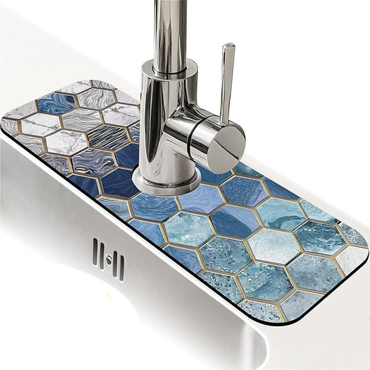 Kitchen Sink Splash Guard，Hexagonal tiles Faucet Mat Sink Gadgets-Super Absorbent Fast Drying Mat Drip Catcher for Kitchen, Bathroom,Sink Mat, Dish Drying Mat, Bathroom(15" X 5.5" )
