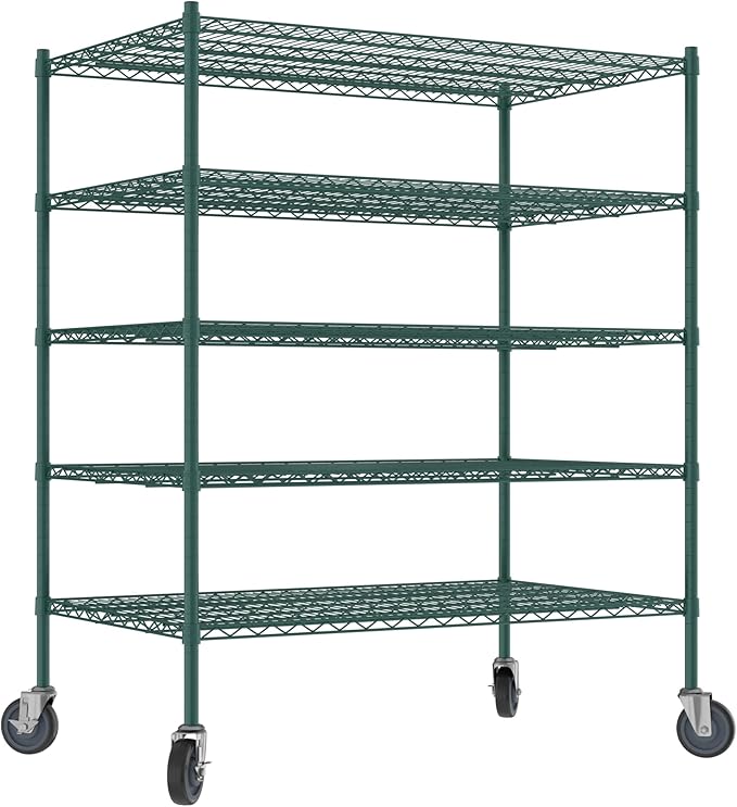 Commercial NSF Listed Green Epoxy Mobile Wire Shelving Kit 30" x 48" x 60", with 5 Shelves Perfect for Warehouse, Walk-in Refrigerator, Freezer, Grocery Store, Restaurant, Dishroom
