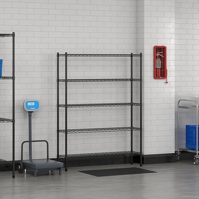 Commercial NSF Listed Black Epoxy Stationary Wire Shelving Kit 12" x 48" x 64", with 5 Shelves Perfect for Warehouse, Walk-in Refrigerator, Freezer, Grocery Store, Restaurant, Dishroom