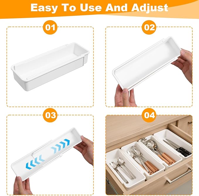 4pcs white drawer organizer Expandable drawer dividers vanity Drawers Storage Tray Expandable drawers organizer trays Dividers to Organize and Store for Bedroom, Bathroom, Kitchen Utensils
