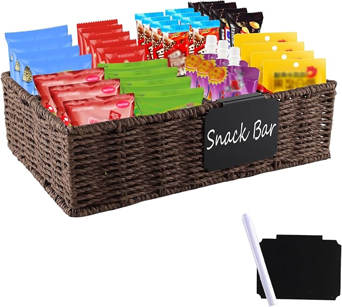 Snack Bar Station Organizer,Pantry Organizers and Storage Bins,Hand-Woven Snack Basket for Countertop with 4 Compartments,Snack Display Box for Candy,Drink Packet,Chips,Spice Organizer