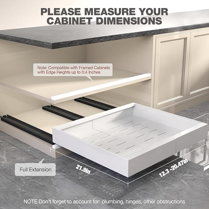 1 Pack Pull Out Cabinet Organizer 22" Deep,Full Extension 3 Slide Rails Slide Out Drawers With Raising Pad for Framed Cabinets,Expandable Width (12.3"-20.5"),No Drill Roll Out shelf,White