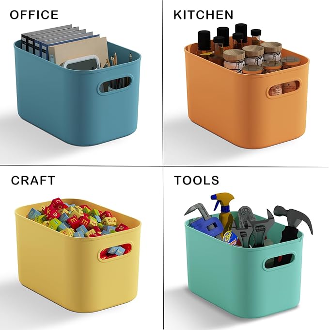 12 Pack Colorful Plastic Storage Bins, Storage Container for Organizing, Colored Storage Boxes with Handle for Shelves, Cute Organizer Bins for Craft, Snacks, Cabinet, 9.69x6.7x5.7 inch