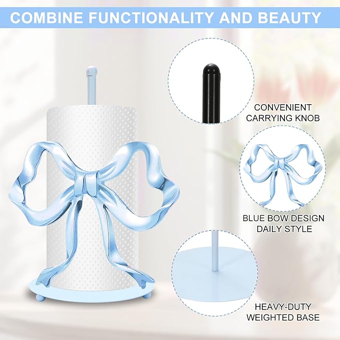 JarThenaAMCS Valentine's Day Trendy Bow Paper Towel Holder Cute Blue Bow Knot Kitchen Decor Accessories Large Metal Towel Holder Stand for Coquette Home Party Bathroom Countertop