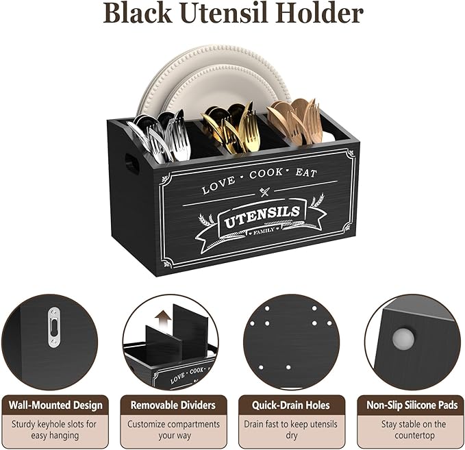 Large Kitchen Utensil Holder with 5 Compartments, Wooden Cooking Utensil Holder for Countertop or Wall Mount, Rustic Farmhouse Utensil Caddy for Silverware, Forks, Spoons, and Spatulas (Black)
