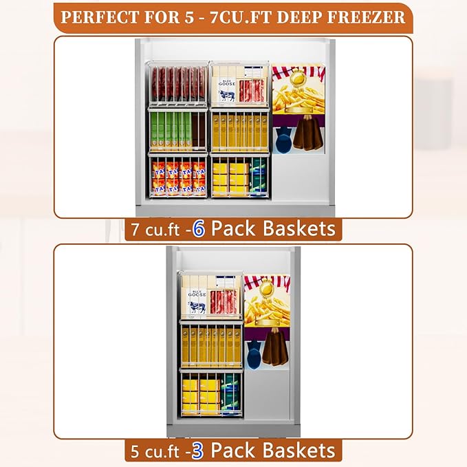 Large Freezer Organizer Bins, Upgrade One-Touch Open/Close, 3 Pack Big Stackable Deep Freezer Organizer Bins, White Wire Foldable Baskets with Handles, for 5 to 7 Cu.FT Deep Freezer Sort Frozen Meats