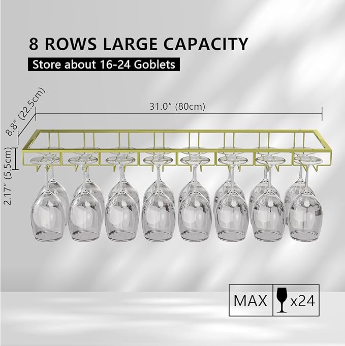 8-Row Wine Glass Rack Under Cabinet, 31 inch Stemware Hanger under Shelf, Large Capacity Glasses Storage for Bars and Kitchen Counters