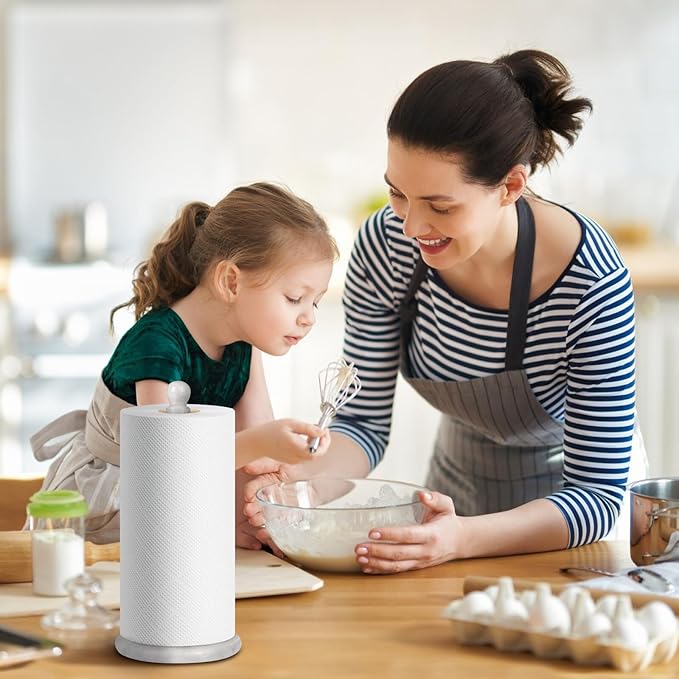 Handmade Marble Paper Towel Holder - 12" Upright Paper Roll Dispenser with Heavy Non-Slip Base for Easy One-Handed Tear - Ideal for Kitchen Countertops, Cabinets, and Bathrooms-White & Light Grey…