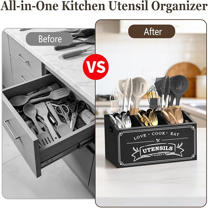 Large Kitchen Utensil Holder with 5 Compartments, Wooden Cooking Utensil Holder for Countertop or Wall Mount, Rustic Farmhouse Utensil Caddy for Silverware, Forks, Spoons, and Spatulas (Black)