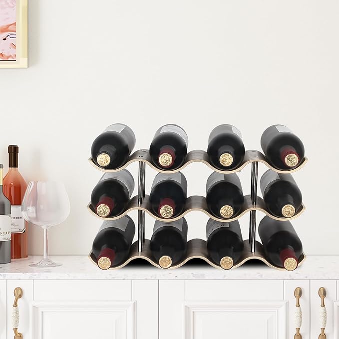 12 Bottles Wine Racks Countertop for Shelf, 3-Tier Wooden Wine Bottle Holder Stand, freestanding Wine Storage for Inside Cabinet Organizer for Home Décor, Bar and Pantry