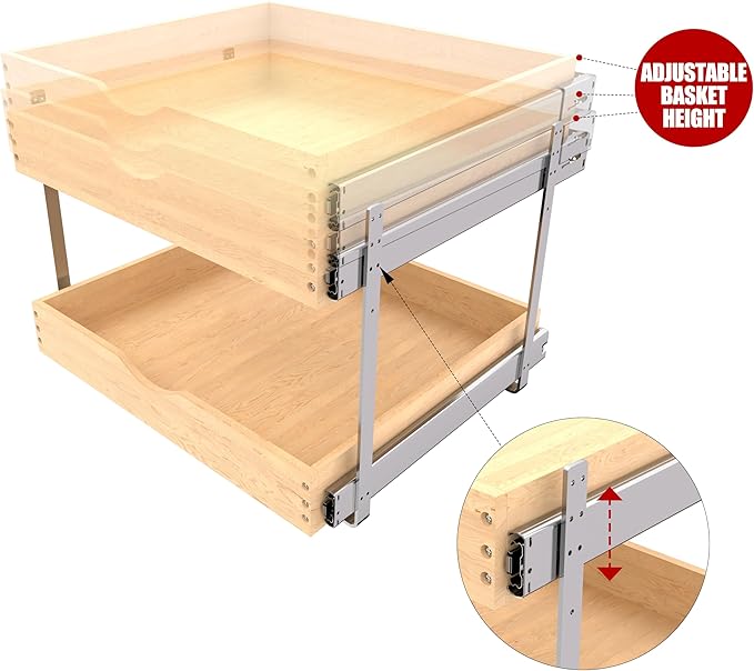 2-Tier Wood Cabinet Pull Out Shelves (20" W x 22" D), Wooden Slide Out Drawers for Kitchen Cabinets, Heavy-Duty 22 Inch Deep Sliding Cabinet Organizer
