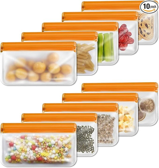 Reusable Snack Bags Dishwasher Safe,10Pack BPA Free Silicone Storage Bags,Extra Thick Leak-proof Silicone Snack Pouch for Candy, Cereal, Travel Items, Home Organization(Yellow)