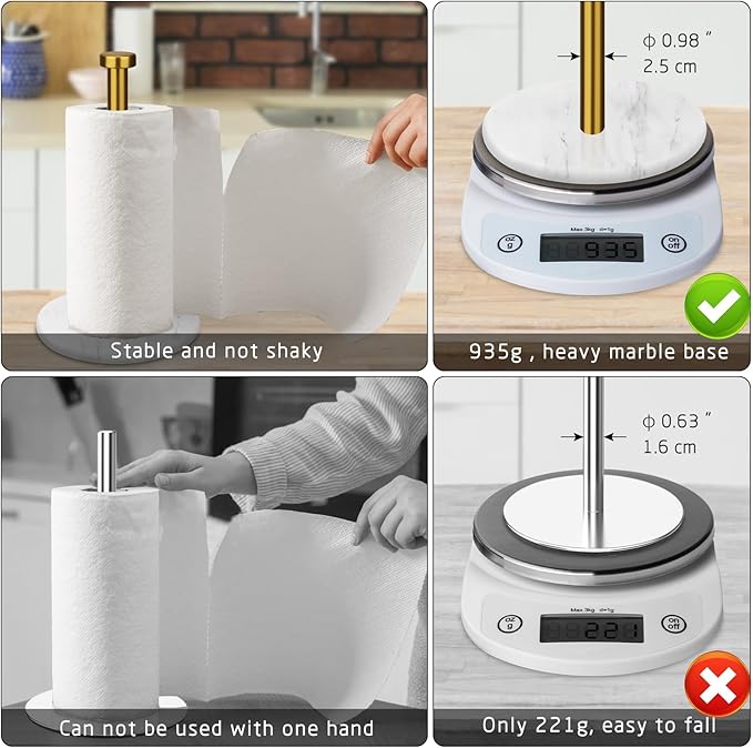 Paper Towel Holder Countertop with 7" Weighted White Marble Base - Modern Free Standing Paper Roll Holder, Brushed Gold Stainless Steel Stand Paper Towel Holder for Kitchen and Bathroom