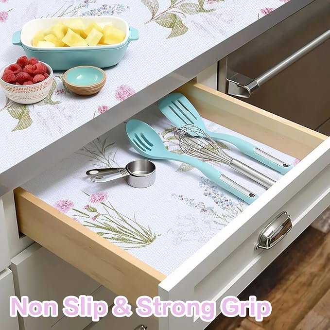 Terravue Floral Shelf Liner for Kitchen Cabinets Non Adhesive Drawer Liners Non Slip Cupboard Liner Flower Cabinet Liners Strong Grip Kitchen Shelves Dresser Waterproof Easy to Clean 12IN x 10FT