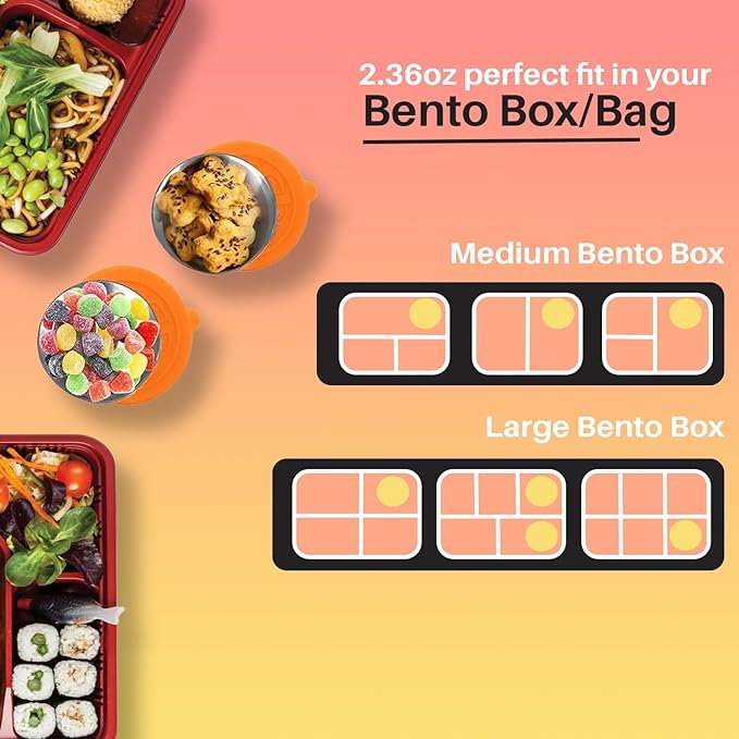 Pack of 6 Salad Dressing Container To Go: Small Condiment Containers with Lids, Reusable Stainless Steel Sauce Cups, Leakproof Silicone Lids for Bento Box, Picnic and Travel (Multi Color - 2.36oz)