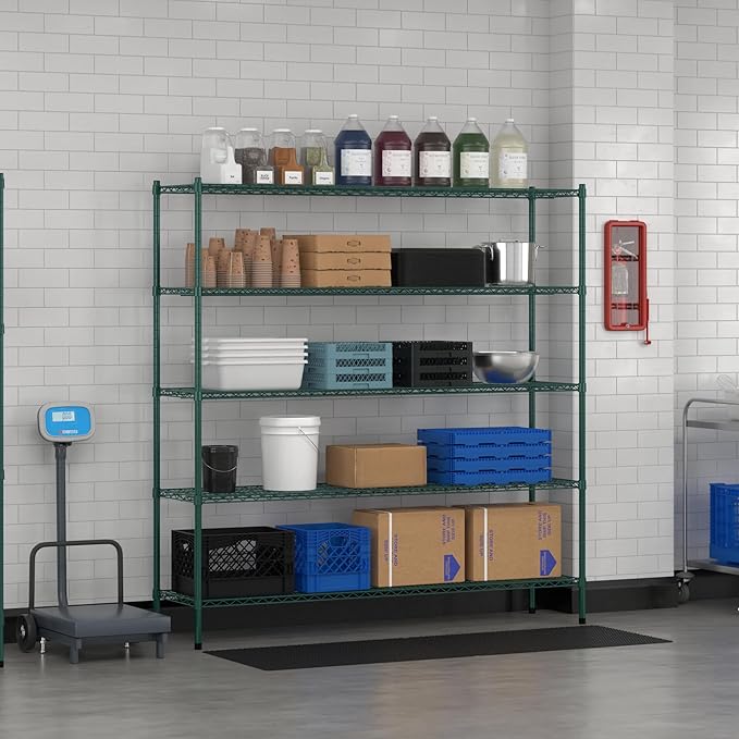 Commercial NSF Listed Green Epoxy Stationary Wire Shelving Kit 18" x 72" x 74", with 5 Shelves Perfect for Warehouse, Walk-in Refrigerator, Freezer, Grocery Store, Restaurant, Dishroom