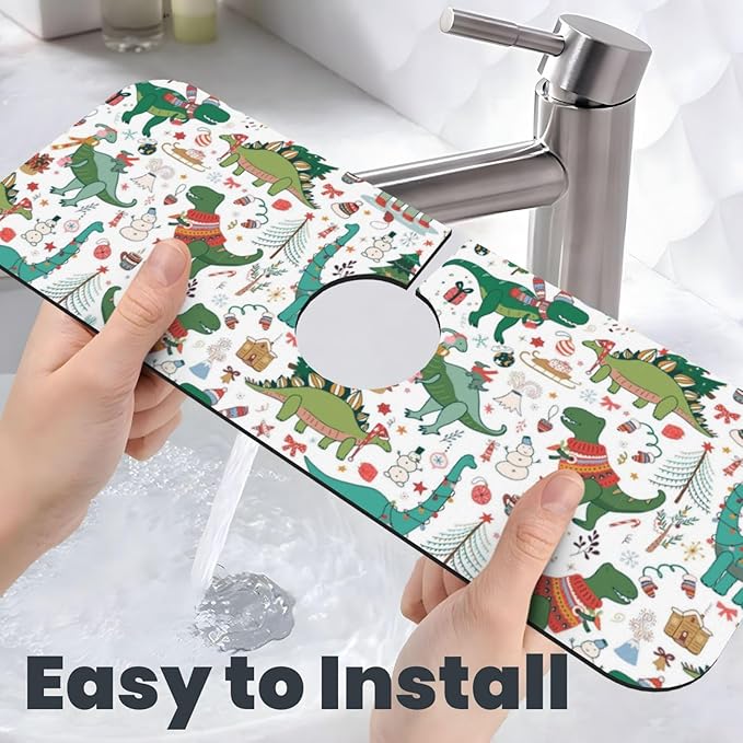 Dinosaur Christmas Happy New Year Kitchen Sink Splash Guard Faucet Mat Super Absorbent Fast Drying Mat Sink Gadgets-Fast Drying Pad Sink Mat For Kitchen Bathroom (15" X 5.5" )