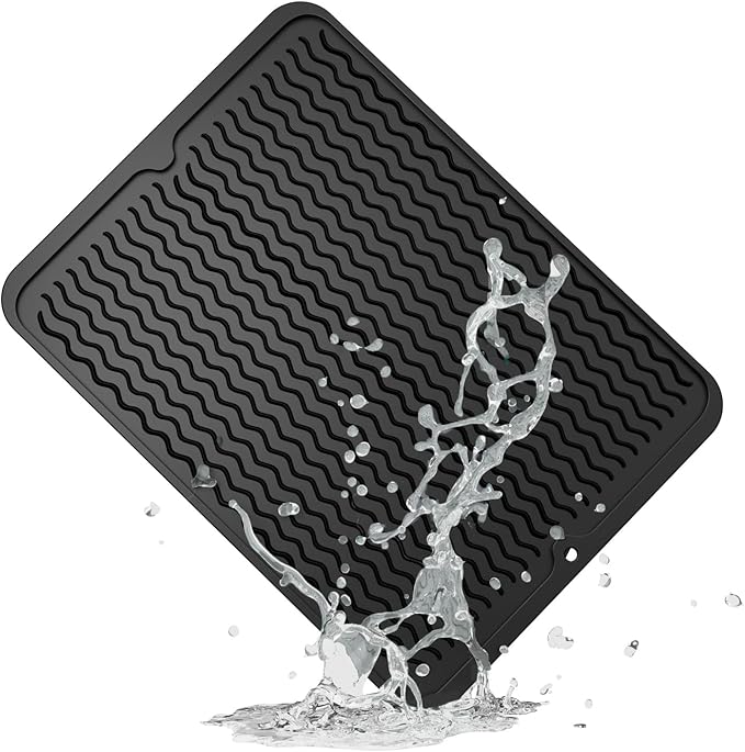 ZLR Silicone Dish Drying Mat for Kitchen Counter, Eco-Friendly Fast Dry Dish Mat, Easy Clean Multi Usage Drying Matt, Heat Resistant Trivet, 12" x 16" Large, Black
