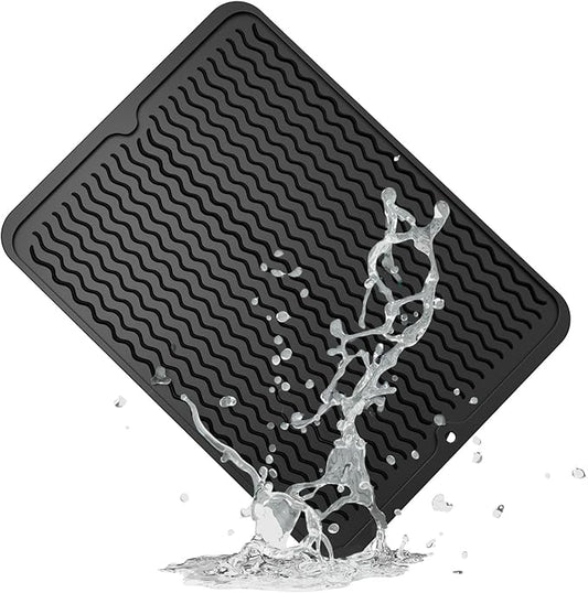 ZLR Silicone Dish Drying Mat for Kitchen Counter, Eco-Friendly Fast Dry Dish Mat, Easy Clean Multi Usage Drying Matt, Heat Resistant Trivet, 12" x 16" Large, Black