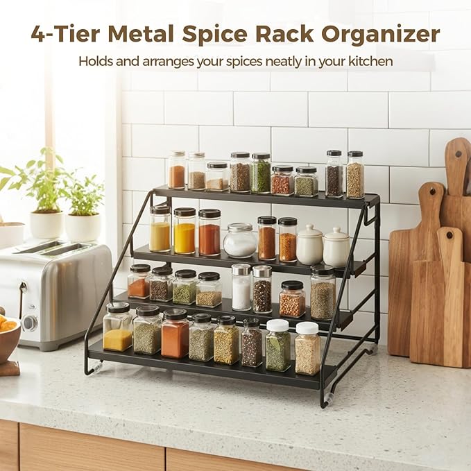 2 PCS Foldable 4 Tier Spice Rack Organizer, Adjustable Step Shelf Tiered Spice Rack for Cabinet, Countertop & Pantry Storage, Metal Spice Rack for Spice Bottles, Jars