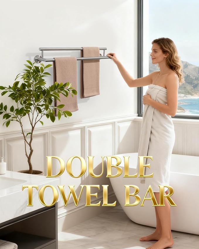 Alise Brushed Nickel Double Towel Bar,24-Inch Towel Rack for Bathroom Wall Mounted,SUS304 Stainless Steel Bathroom Towel Holder,Space-Saving Hand Towel Holder,Towel Rail Hanger for Wall, Kitchen