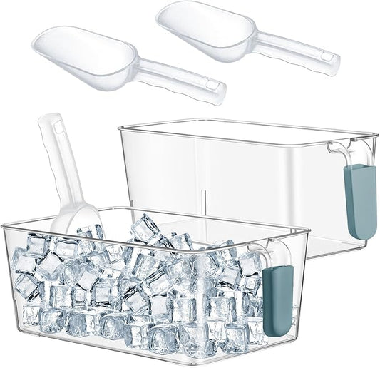 Havawish 2 Set Ice Bin and Flexible Scoop Set Plastic Freezer Ice Bin with Pull out Handle Storage Bucket Clear for Container with Bucket Scoop (10.83 x 7 x 4.33 In,10.83 x 4.92 x 4.33 in,Dark Blue)