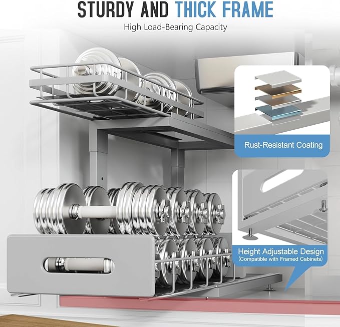 2 Pack 16.7 IN Depth Under Sink Organizer with Smooth Ball Bearing Slides,2-Tier Pull Out Cabinet Storage,Slide Out Drawers for Bathroom&Kitchen,Rust-resistant Coating,Height Adjustable-Gun Gray