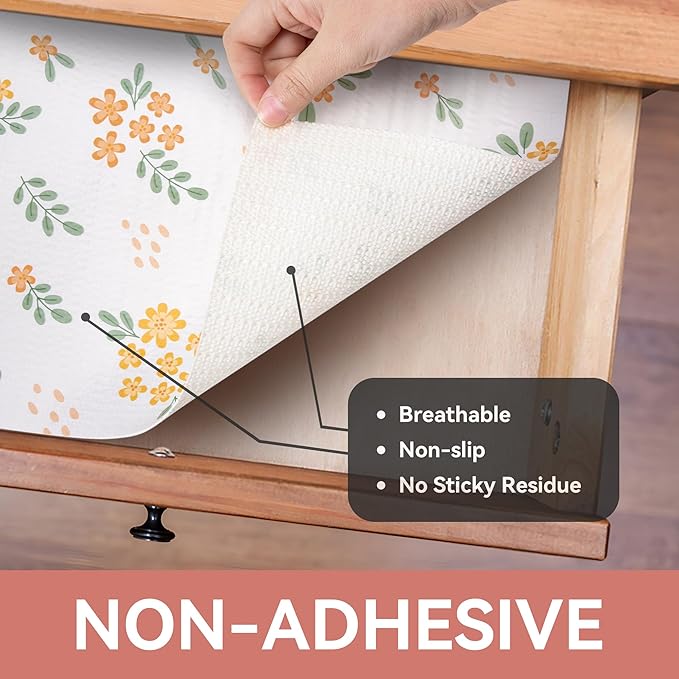 RAY STAR Shelf Liner, 12 Inch x 20 Feet Non Adhesive Orange Floral Kitchen Cabinet Liner for Pantry Drawer Vanity, Strong Grip Non Slip Waterproof, Shelf Liners for Kitchen Cabinets Cupboard