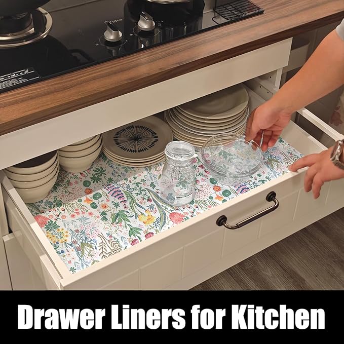 Floral Shelf Drawer Liners, 24IN x 10FT Non Adhesive and Strong Non-Slip Colorful Cabinet Drawer Shelf Liners for Kitchen Wire Fridge, Waterproof Cabinet Liner,Easy to Clean