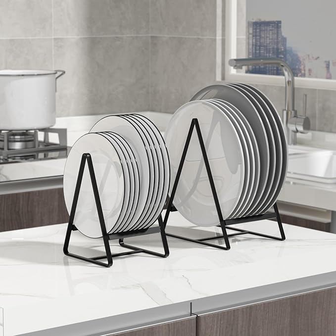 2 Pack Triangle Plate Holders Organizers Large Upright Cabinet Dish Drying Racks Metal Plate Dish Organizers Racks Stands for Countertop and Cupboard Black
