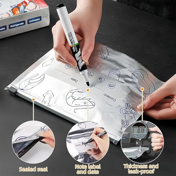 Reusable Aluminum Foil Sealable Storage Bags, 2026 New Resealable Vacuum Zipper Pouches for Food, Thicken Stand Up Foil Freezer Bags with Label & Zip Lock for Vegetable Fruit Meat (L*20)