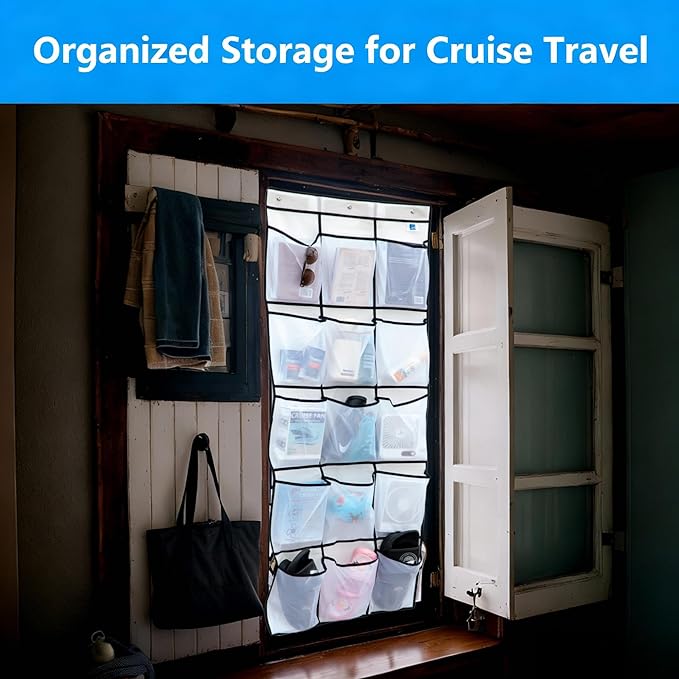 Magnetic Door Organizer with Hooks, 24 Mesh Pockets, Over Door Storage Solution, White, 60x24 Inch, Magnetic Shoe Rack Holder for Cruise Ship Cabins