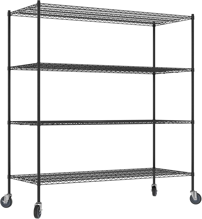 Commercial NSF Listed Black Epoxy Mobile Wire Shelving Kit 30" x 72" x 80", with 4 Shelves Perfect for Warehouse, Walk-in Refrigerator, Freezer, Grocery Store, Restaurant, Dishroom