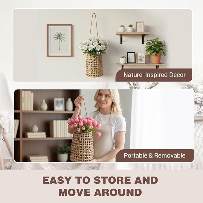 Woven Wall Hanging Basket, Boho Front Door Pocket Basket Open Weave Water Hyacinth Wall Farmhouse Decor Storage Organizer for Home Garden Pantry Kitchen