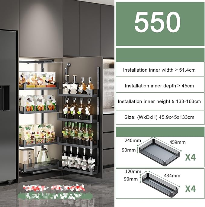 WIGING 4-Tier Narrow Cabinet Pull-Out Basket, High Cabinet Pull-Out Storage Rack with Adjustable Dividers for Kitchen Bathroom Pantry, Single-Layer Load Capacity: 15kg(45.9x45x133cm)